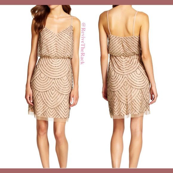 NEW Adrianna Papell Sequin Mesh Blouson Dress in Taupe Pink‎ [SZ 16 ] - Picture 4 of 10